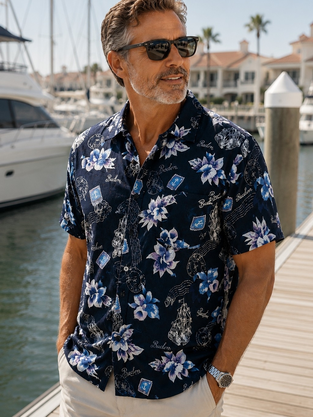 Robert Stock 100% Silk Hawaiian Camp Shirt Men's Medium Blue Floral Resort Aloha